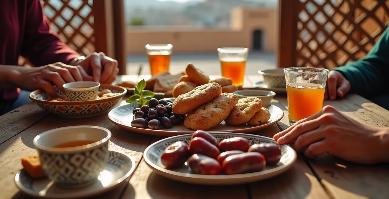Table de petit-déjeuner partagé sur une terrasse d'auberge marocaine, avec du thé à la menthe, du pain et des dattes.