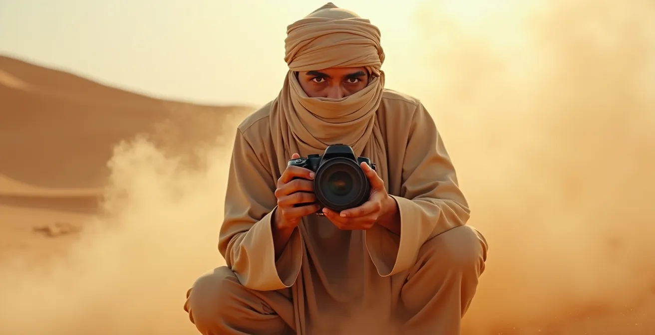 Photographe protégeant son appareil photo avec une housse spéciale durant une tempête de sable dans le désert
