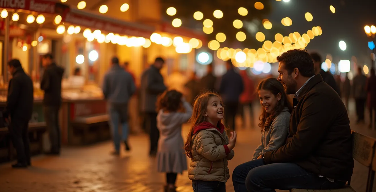 Place animée au Maroc de nuit avec familles et lumières chaudes pendant le Ramadan