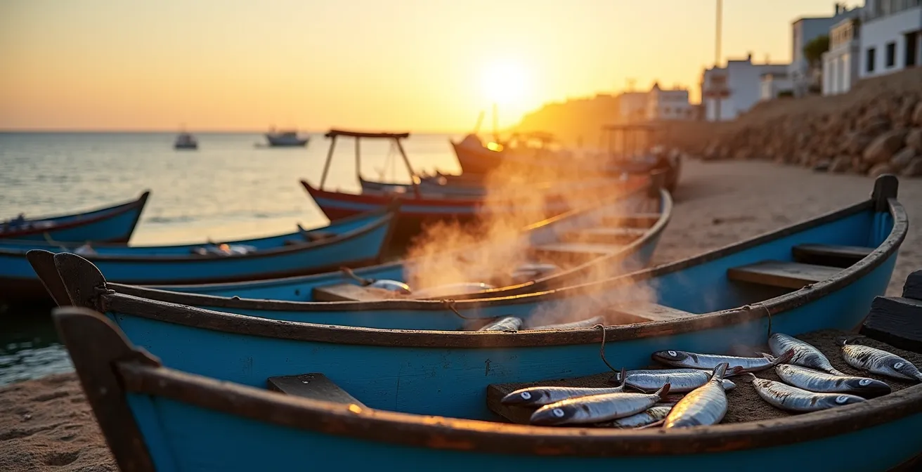 Vue du port d'Essaouira avec ses barques bleues et les grillades de poisson sur le quai