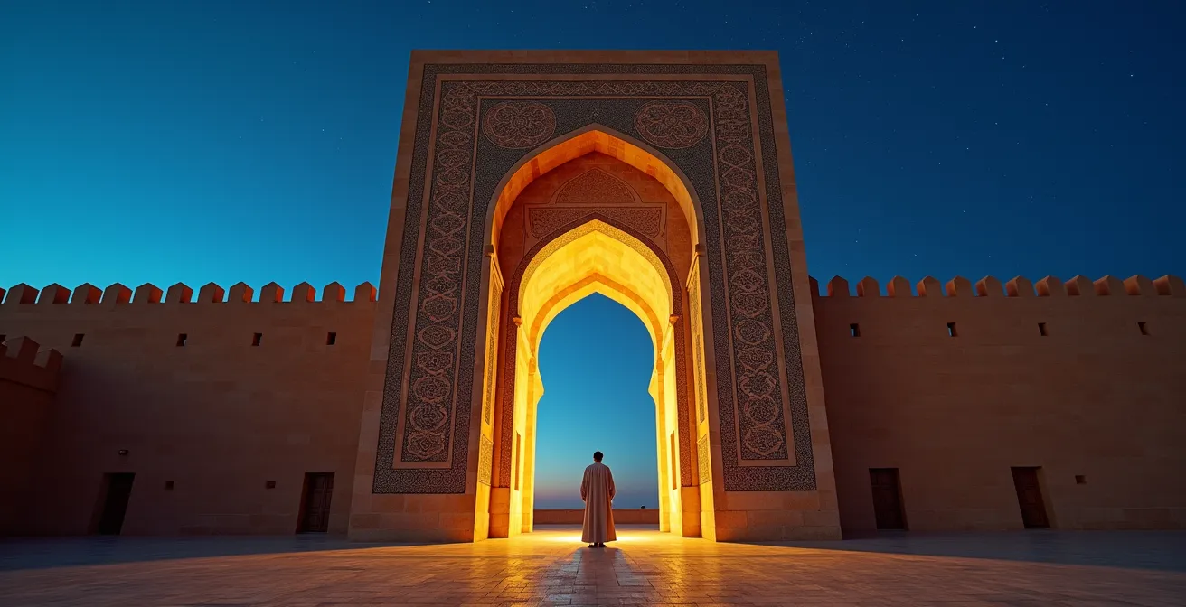 La monumentale porte Bab Mansour de Meknès avec ses mosaïques géométriques au crépuscule