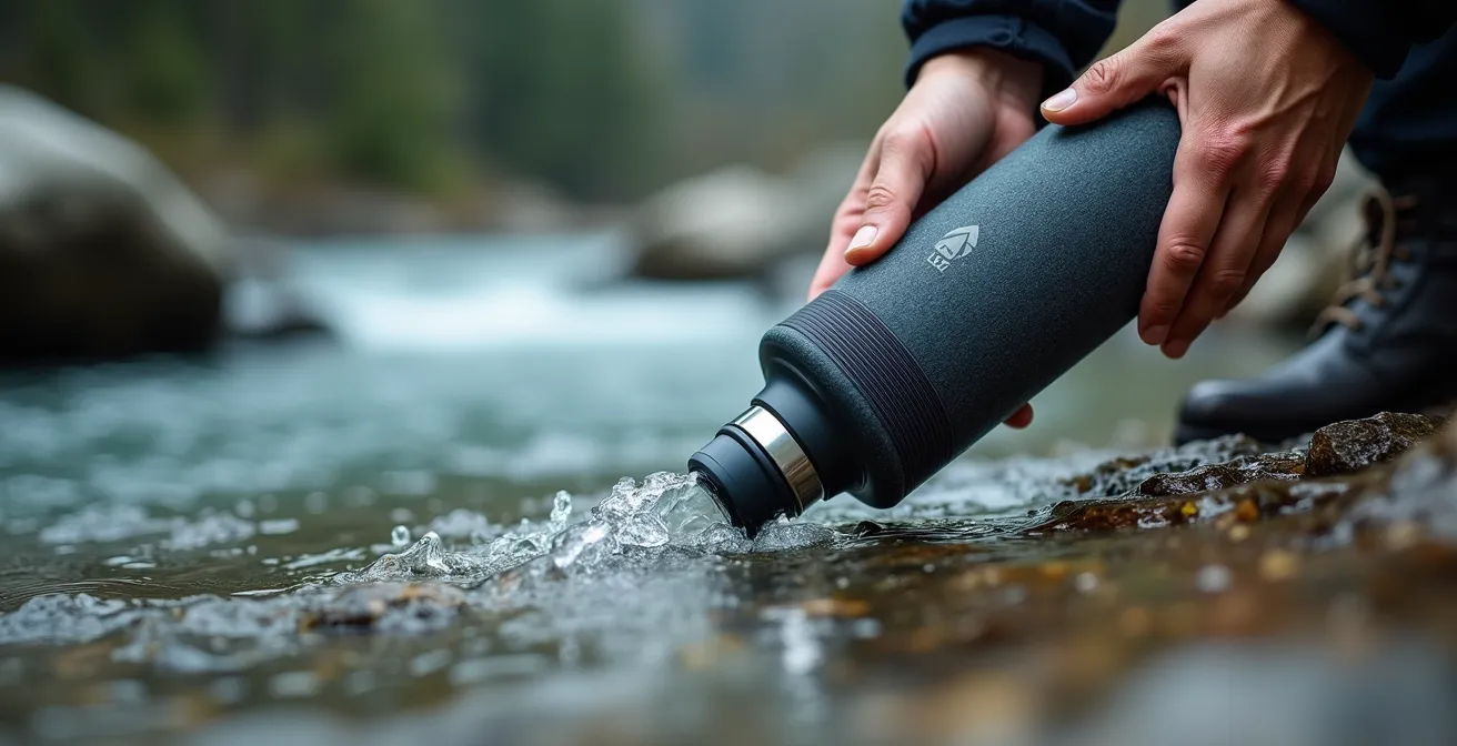 Gros plan sur des mains tenant une gourde filtrante au-dessus d'un torrent de montagne