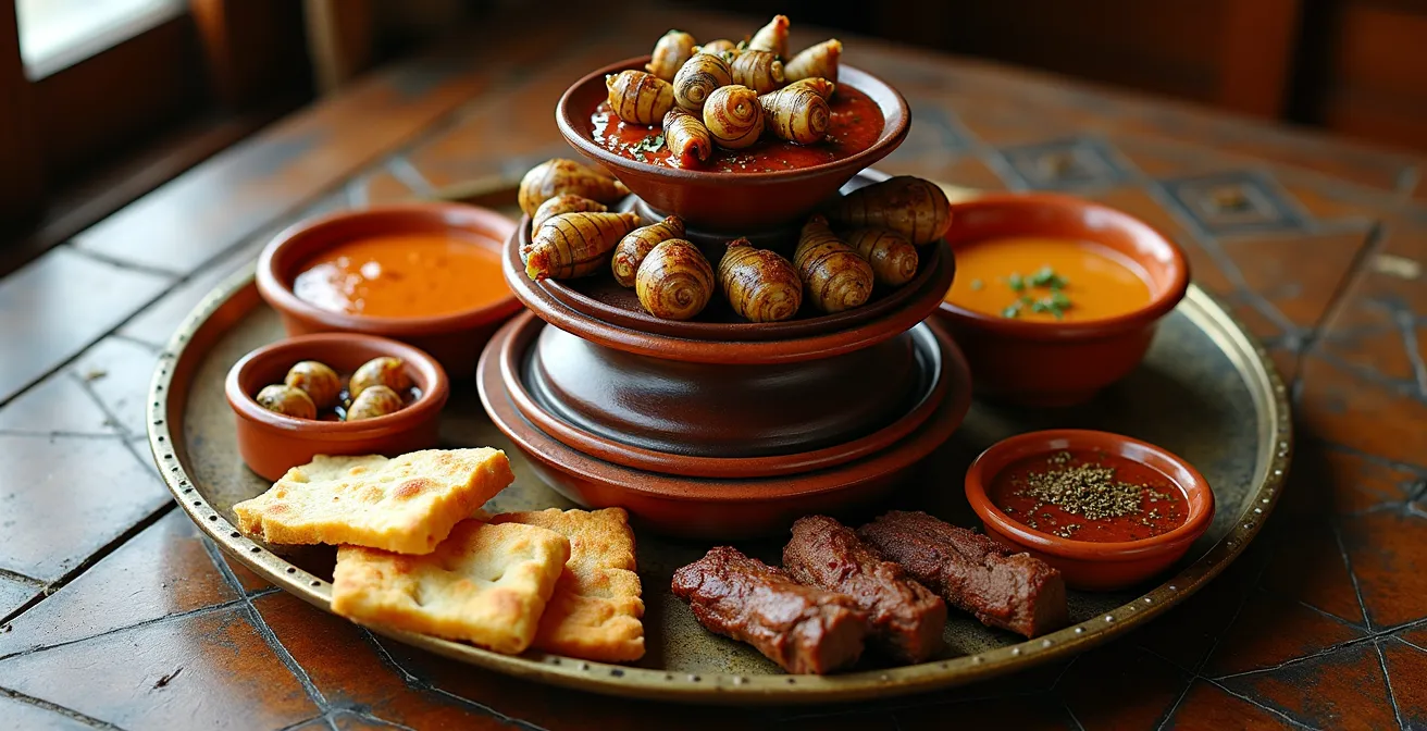 Composition photographique en pyramide montrant trois niveaux de plats marocains disposés selon leur niveau de sécurité digestive