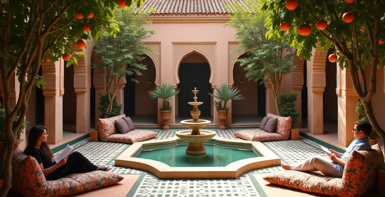 Patio paisible d'un riad dans le quartier de la Kasbah à Marrakech