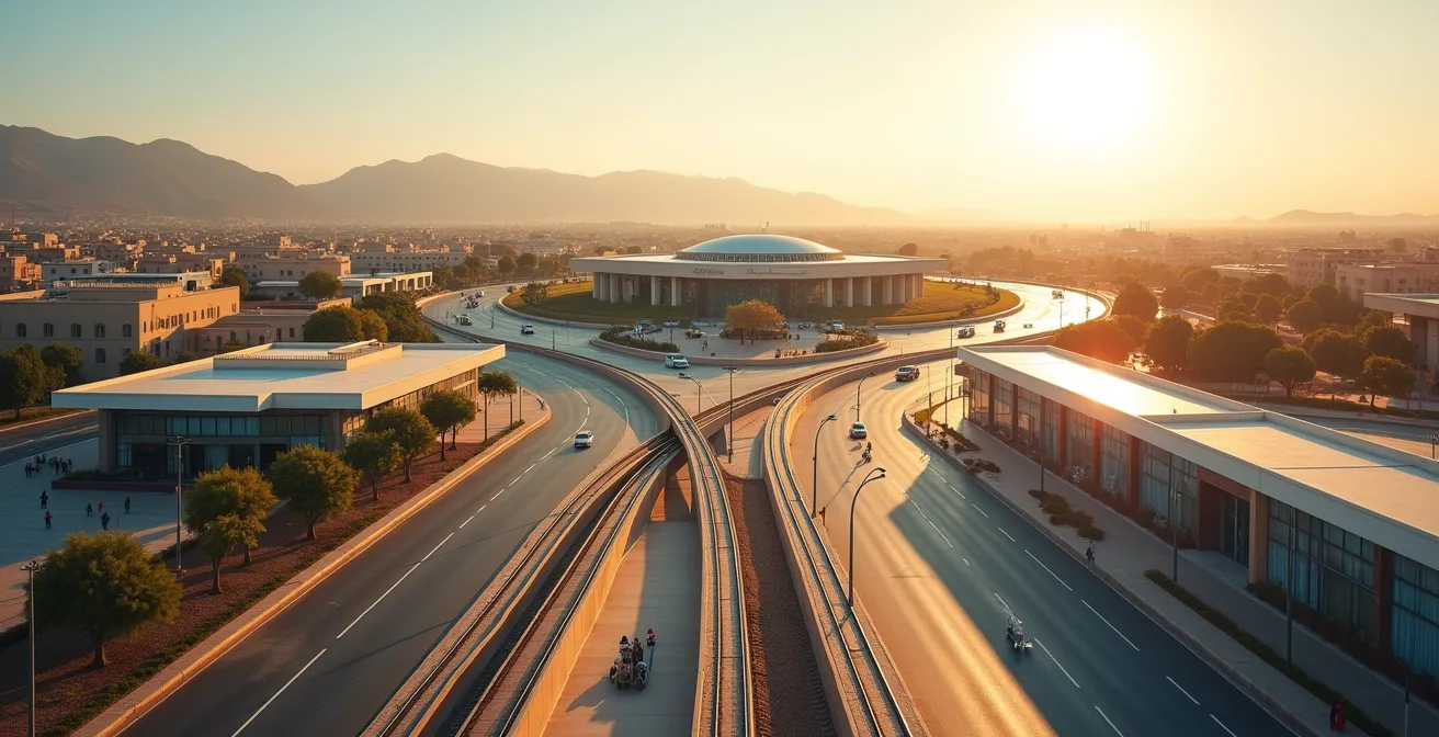 Vue aérienne minimaliste d'une jonction entre gare ferroviaire et gare routière au Maroc avec flux de voyageurs