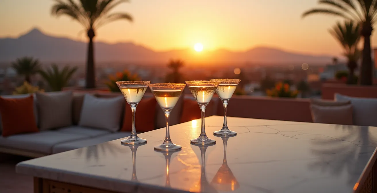 Terrasse de bar panoramique au coucher du soleil avec vue sur Marrakech