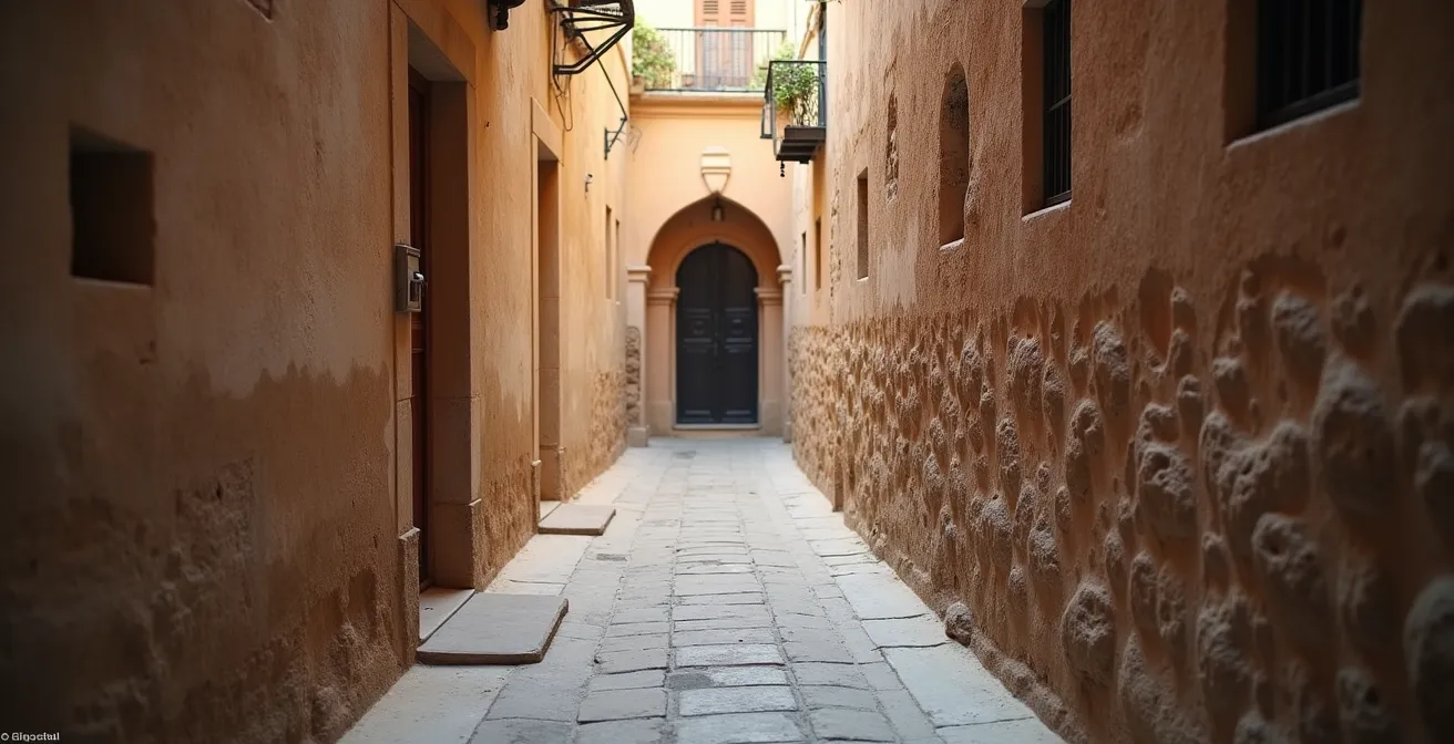 Ruelle étroite de médina avec façade ancienne préservée au fond d'une impasse