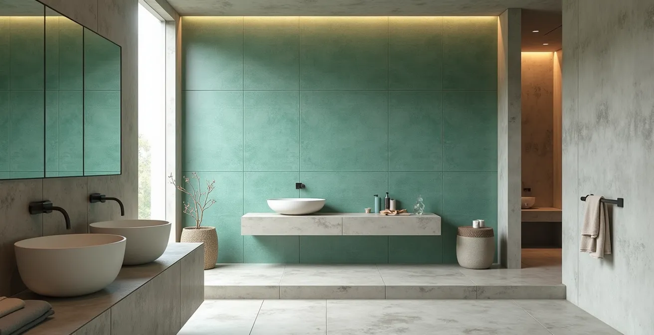 Salle de bain minimaliste avec mur d'accent en zellige vert d'eau et surfaces en béton ciré