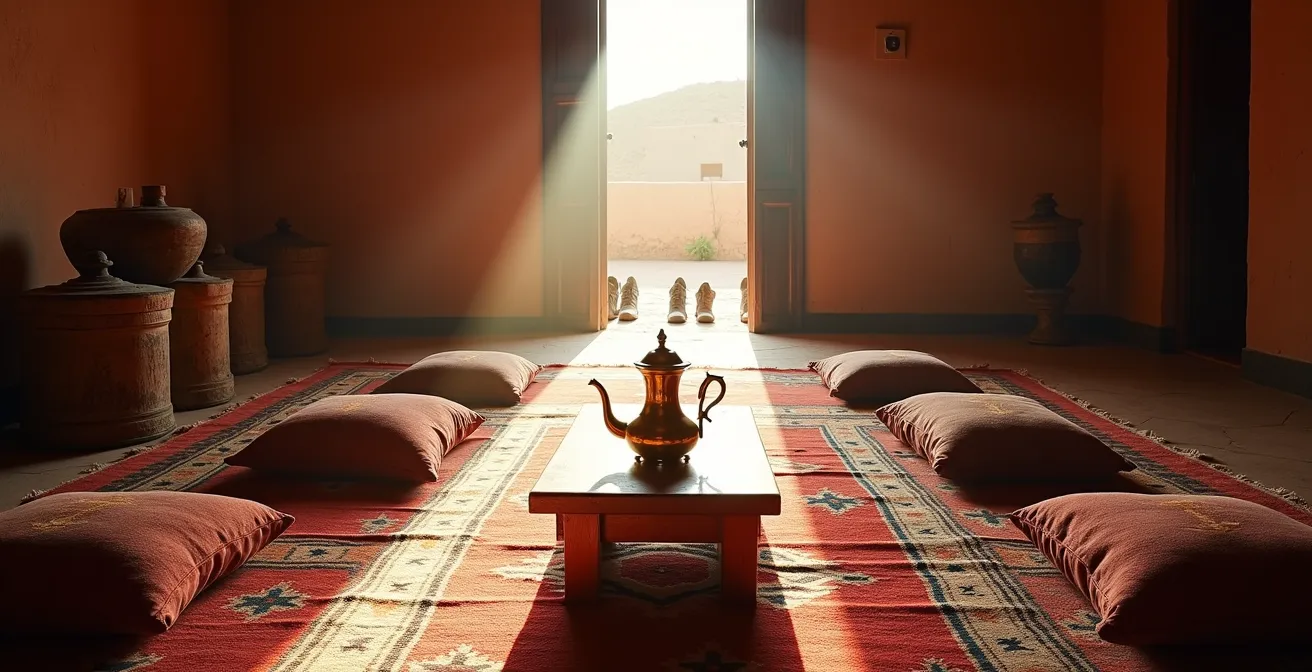 Intérieur chaleureux d'un salon berbère traditionnel avec tapis colorés et coussins, baigné de lumière naturelle