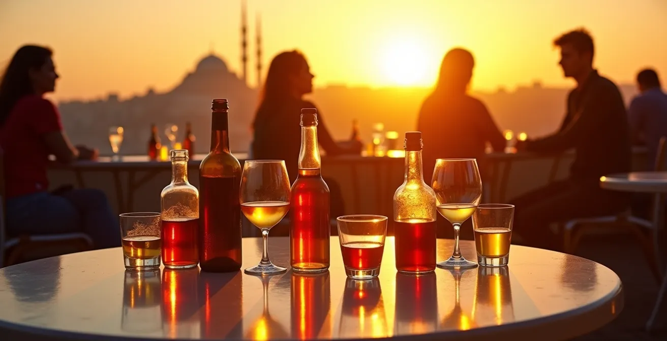 Groupe d'amis sur une terrasse privée au coucher du soleil préparant leur soirée
