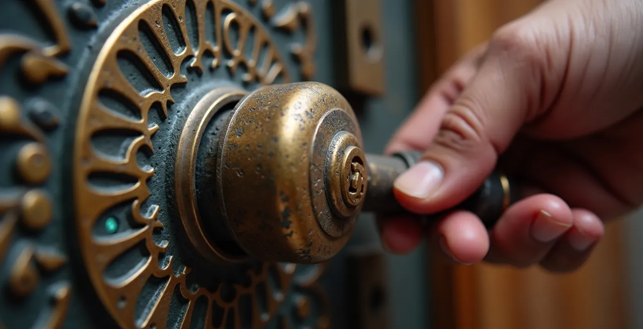 Gros plan sur une main manipulant une serrure traditionnelle marocaine en métal ouvragé