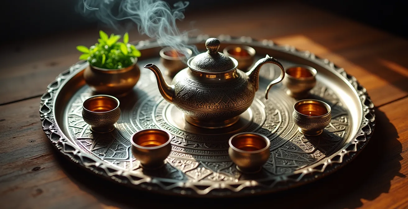Plateau en argent ciselé avec théière, verres dorés et accessoires traditionnels disposés sur une table basse en bois