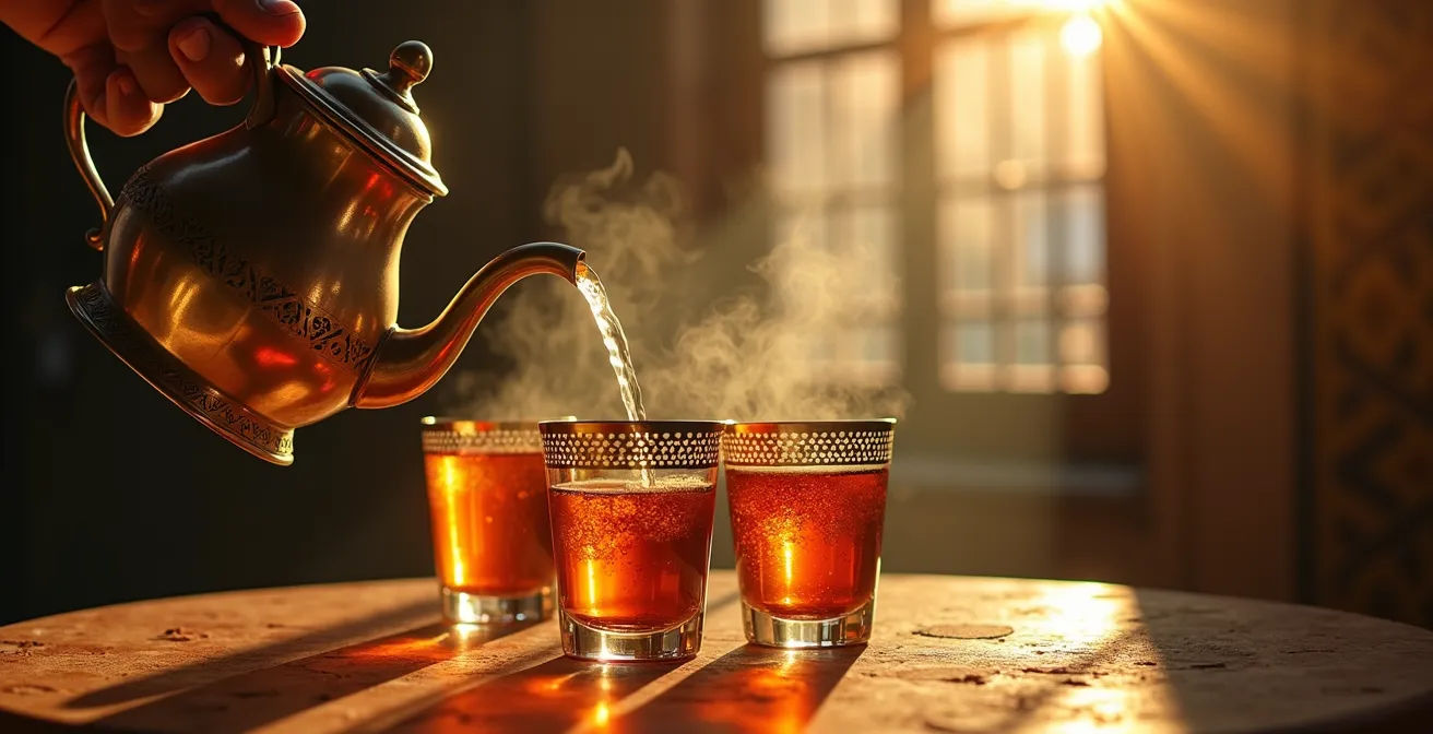 Service du thé à la menthe versé de haut dans des verres ornés traditionnels marocains