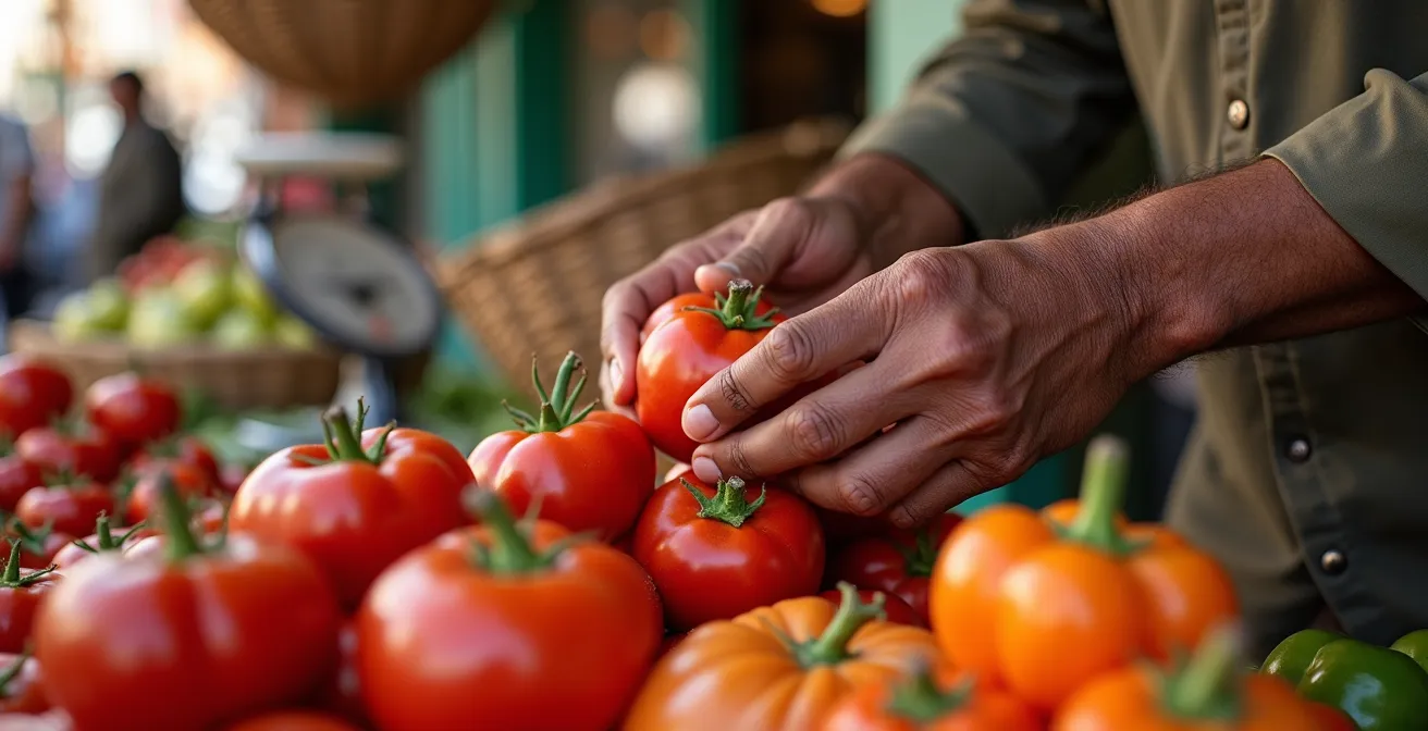 Vendeur marocain arrangeant des pyramides colorées de tomates et poivrons sur son étal au souk, mains weathered visibles, lumière naturelle du matin