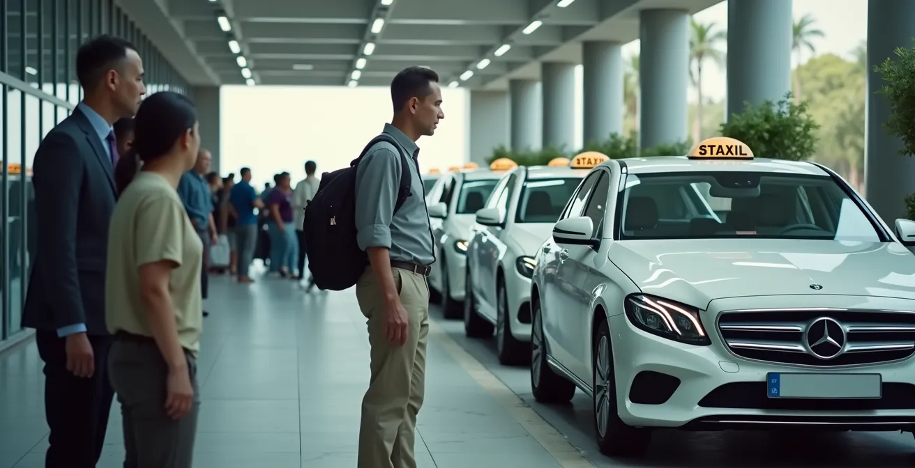 Station de grands taxis avec voyageurs et chauffeurs en discussion