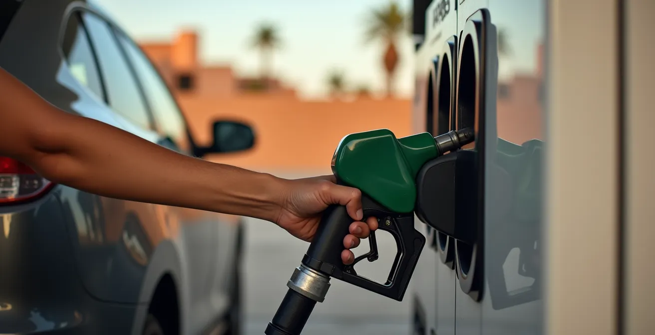 Station-service moderne au Maroc avec véhicule au premier plan et paysage marocain en arrière-plan