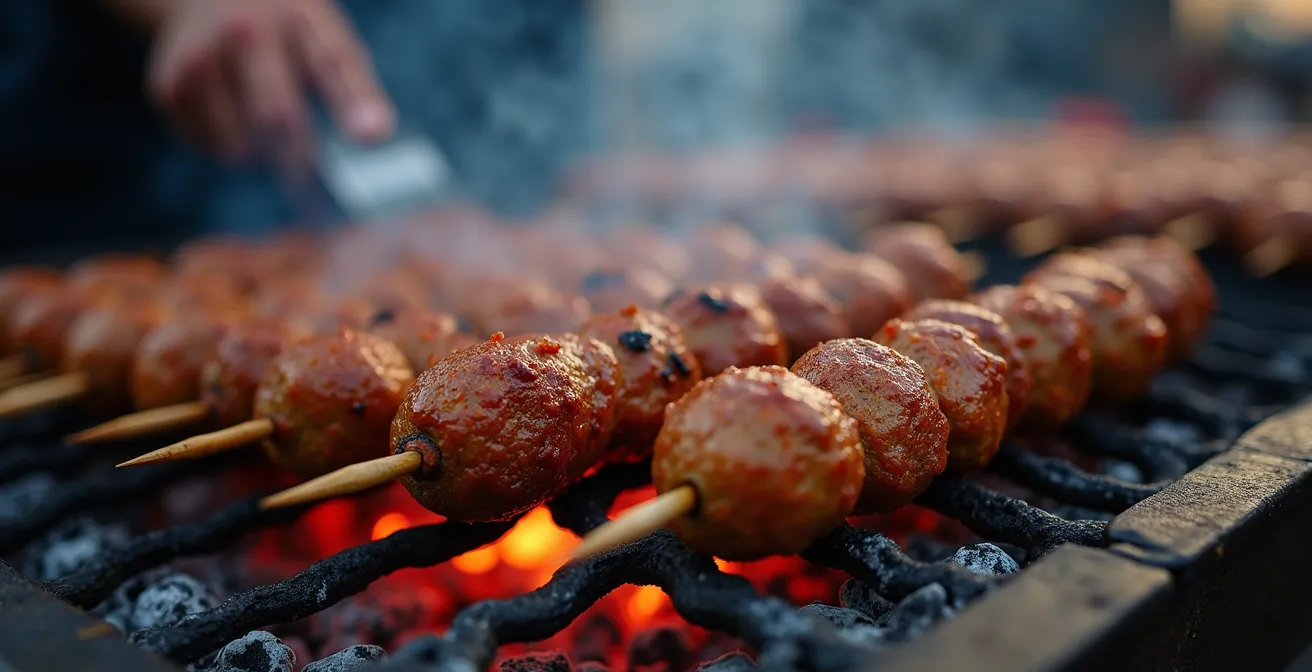 Scène de street food marocaine avec fumée s'élevant des grillades et mains du vendeur en action