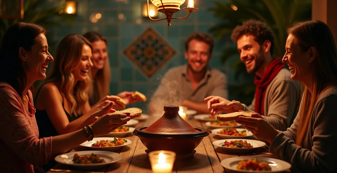 Convives autour d'un grand tajine sur une table basse traditionnelle dans une kasbah