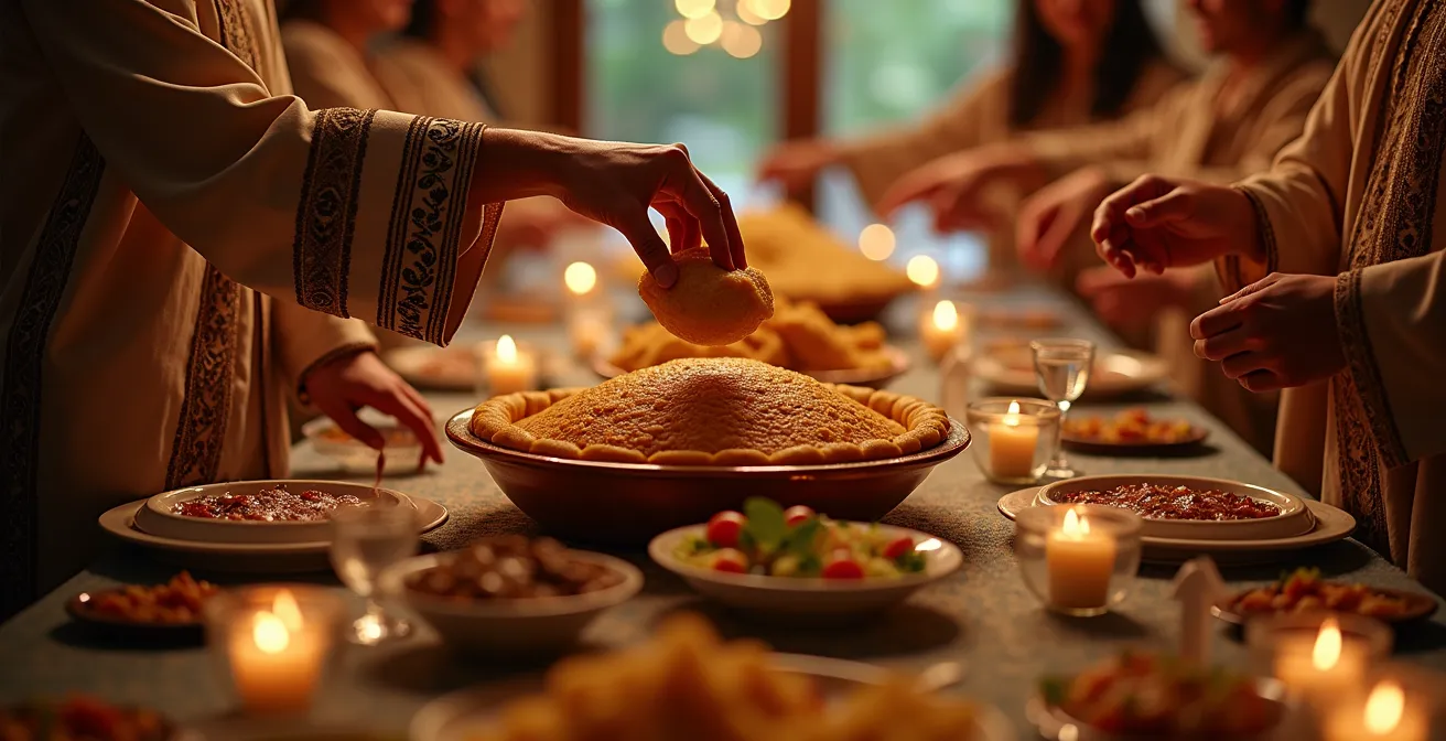 Table de fête marocaine dressée pour une diffa avec pastilla au centre