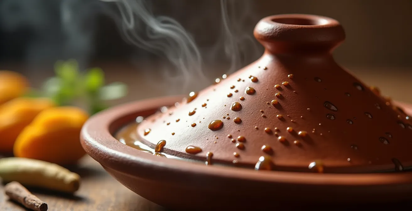 Tajine en terre cuite avec vapeur s'échappant montrant le processus de condensation