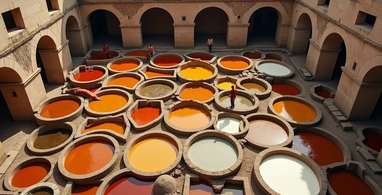 Vue plongeante sur les bassins multicolores des tanneries de Chouara avec les artisans au travail