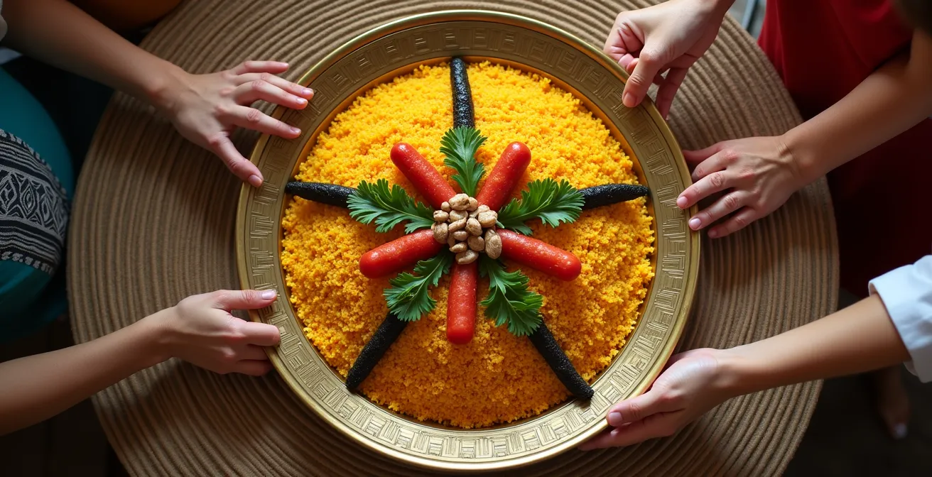 Vue aérienne d'un plat de couscous montrant les zones de partage triangulaires