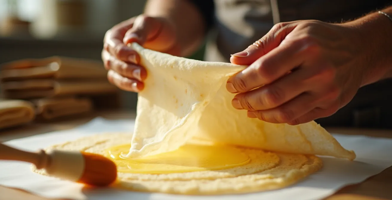 Mains expertes pliant délicatement les feuilles de warka pour former une pastilla