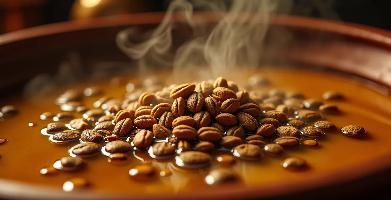 Graines de cumin entières dorées dans l'huile chaude dans un tajine traditionnel en terre cuite