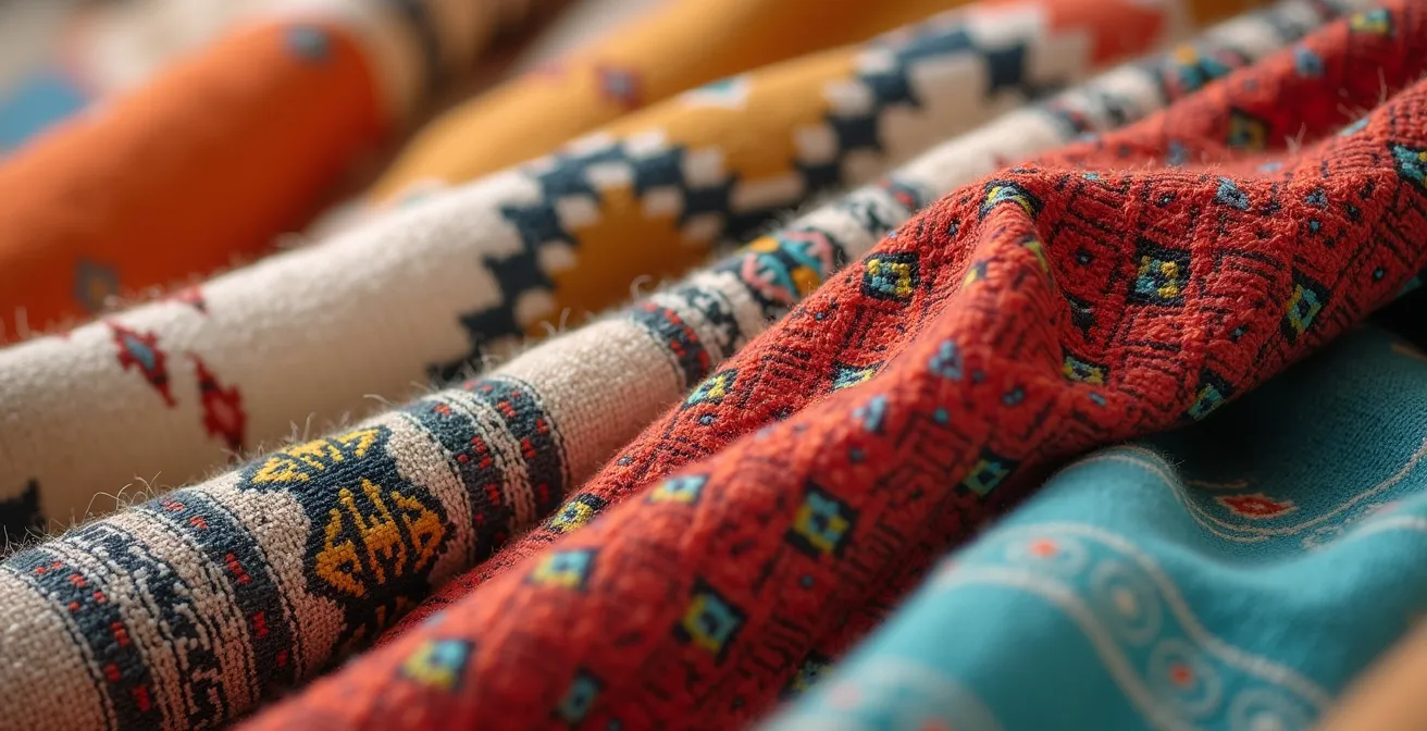 Détail macro de tissus marocains traditionnels avec motifs géométriques colorés