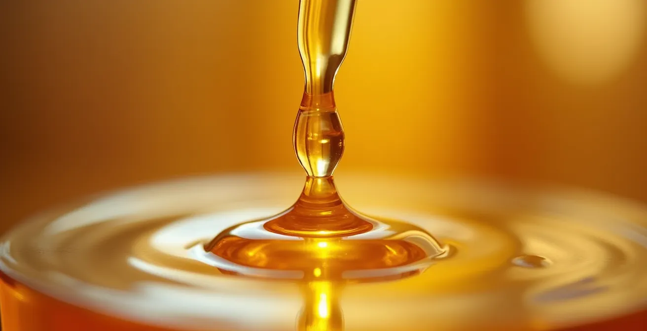 Gros plan sur une goutte d'huile d'argan dorée s'écoulant lentement, montrant sa texture et sa couleur caractéristiques