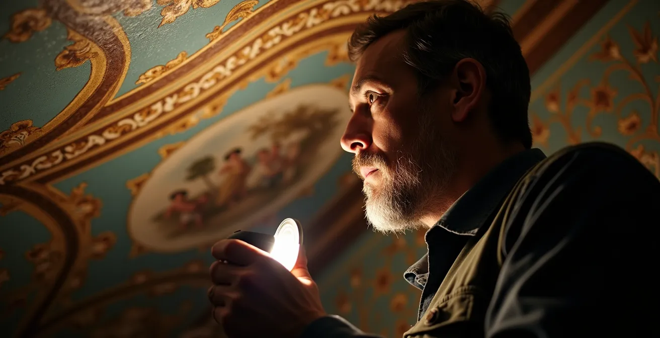 Technique d'examen d'un plafond peint avec lumière rasante révélant les couches de peinture