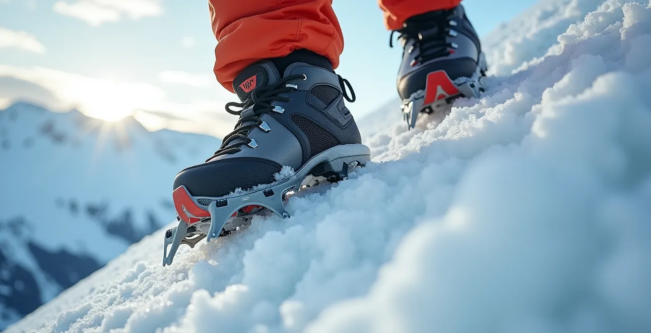 Alpiniste équipé de crampons progressant sur une pente enneigée du Toubkal en conditions hivernales