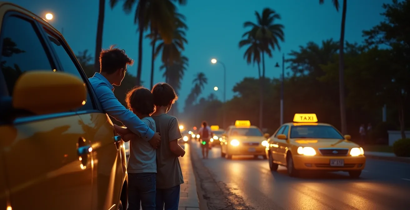 Taxis alignés la nuit devant les palmiers de la Palmeraie de Marrakech