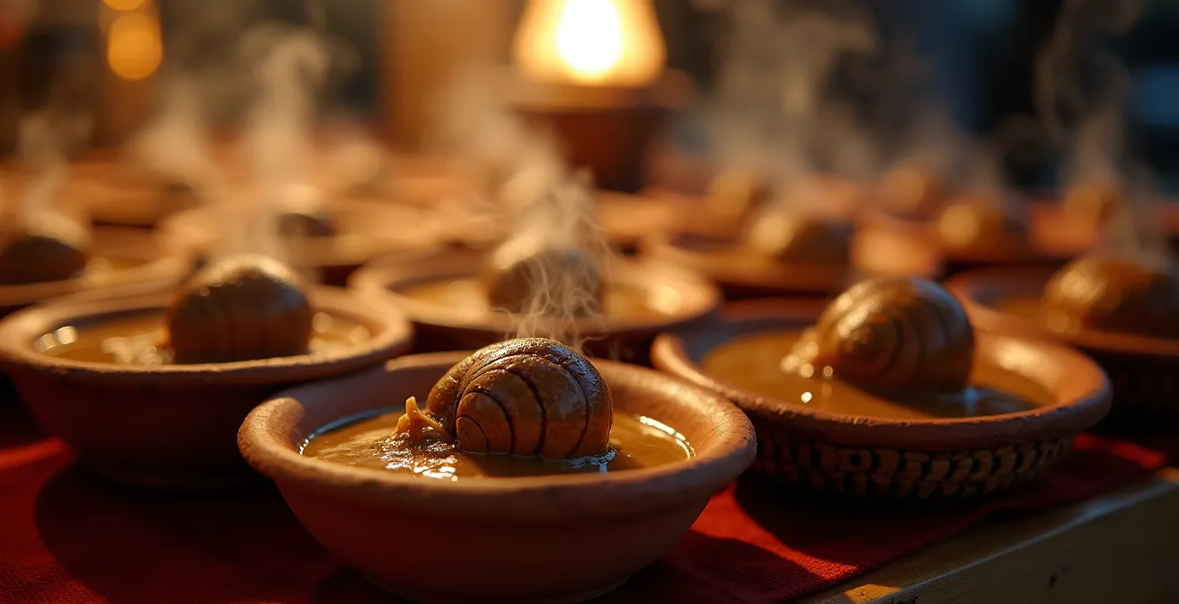 Stand de vendeur d'escargots traditionnel avec vapeur et éclairage chaleureux dans un marché nocturne