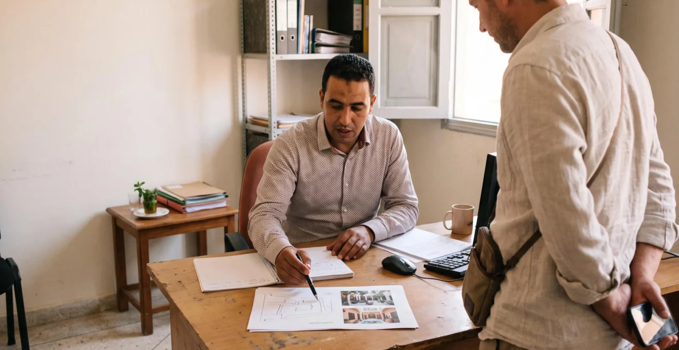 Un gestionnaire immobilier explique un dossier de biens à un client européen dans un bureau de Marrakech.
