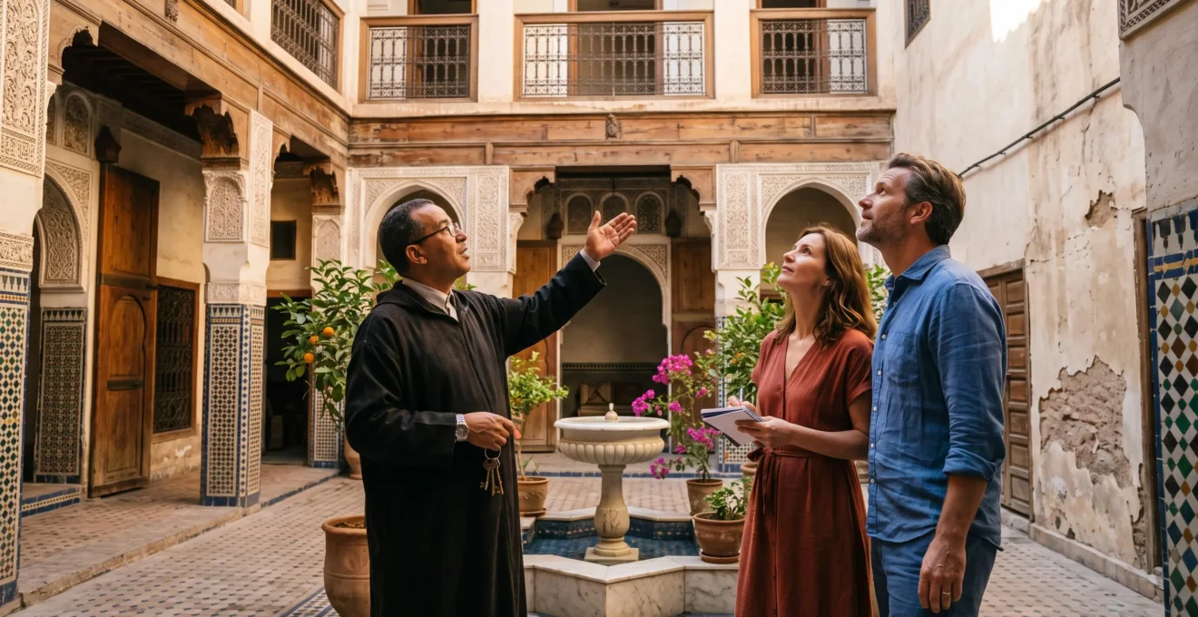 Un couple et un agent immobilier visitent le patio d'un riad traditionnel à vendre dans la médina de Marrakech.