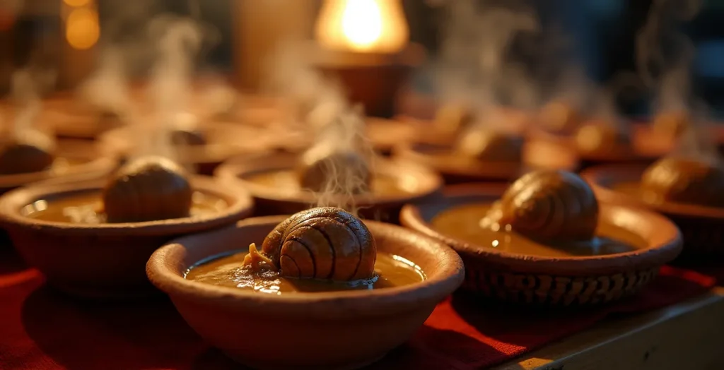 Stand de vendeur d'escargots traditionnel avec vapeur et éclairage chaleureux dans un marché nocturne Stand de vendeur d'escargots traditionnel avec vapeur et éclairage chaleureux dans un marché nocturne